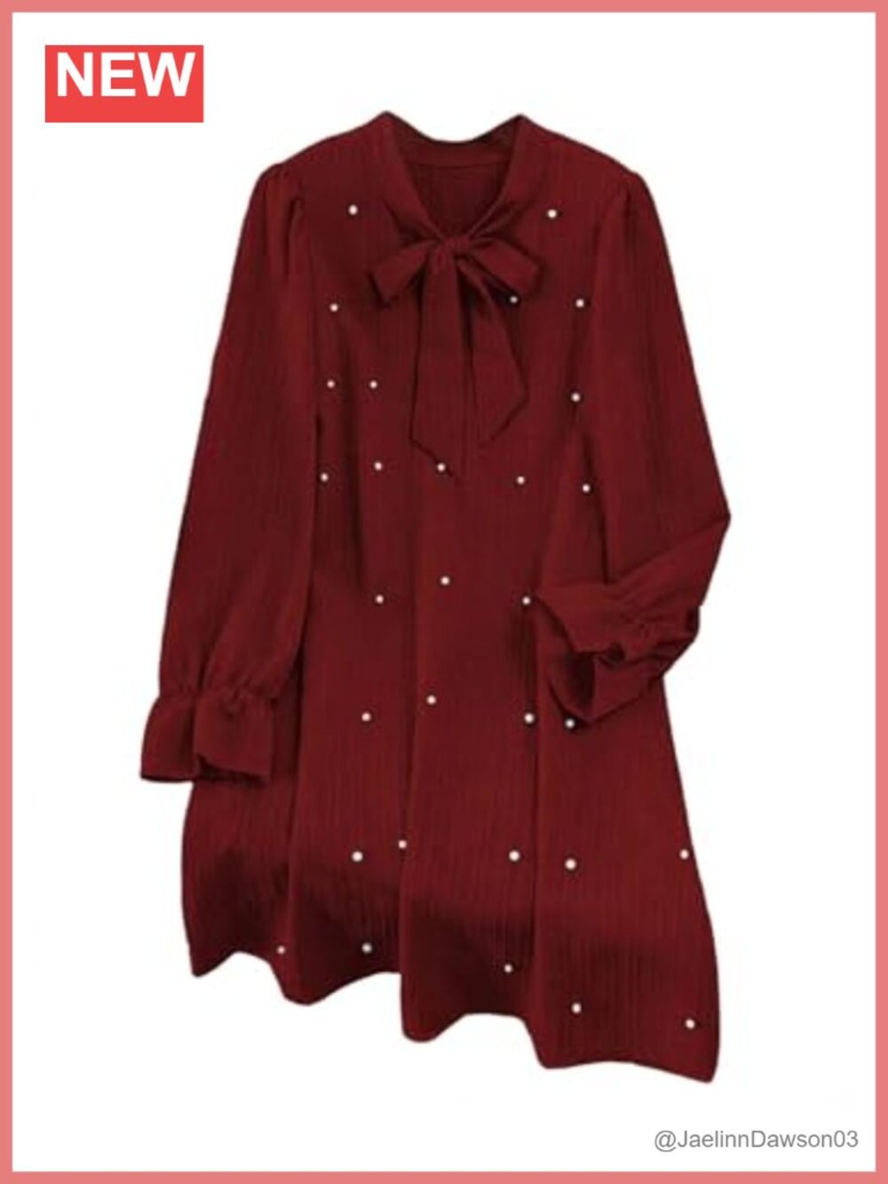 Plus Size Pearl Beaded Tunic Dress Long Sleeve Tie Neck Casual Shirt